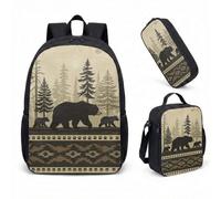 Three Bears Silhouette 17 Inch Backpack Rucksack 3 Piece Set Sunset Forest Print School Bag for Kids Student Teens (04)