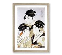 Three Beauties of The Present Day by Kitagawa Utamaro Framed Print | A2 Oak Framed Wall Art | Ready to Hang | Modern Nature Picture | Living Room Bedroom Lounge Office