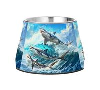 Three Beautiful Sharks Jumped over The Waves Dog Raised Bowl, 540 ML Feeding Food Pet Bowl Stainless Steel Non-slip High Capacity Cat Bowl