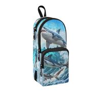 Three Beautiful Sharks Jumped Over The Waves Pencil Case, Big Capacity Pen Bag with Compartment Students Schoolbag Shape Stationery Organizer Pencil Pouch Marker Case for School Office Work