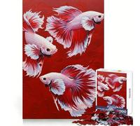 Three Betta Fish on Red Background Jigsaw Puzzles for Teenagers 1000 Piece Enhance Recall Home Leisure Exact Edge (50x75cm)