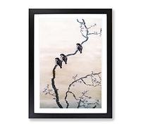 Three Birds On A Branch By Hishida Shunso Asian Japanese Framed Print | A2 Black Framed Wall Art | Ready to Hang | Asian Nature Picture | Living Room Bedroom Lounge Office