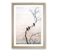 Three Birds on a Branch by Hishida Shunso Framed Print | A2 Oak Framed Wall Art | Ready to Hang | Modern Nature Picture | Living Room Bedroom Lounge Office