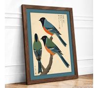 Three Birds on Branch Japandi Framed Wall Art Print A2 (59.4×42cm) Walnut, Wall Decor for Living Room, Bedroom, Office & Home, Ready to Hang, Art Gift
