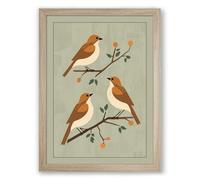 Three Birds on Branches Botanical Framed Wall Art Print A2 (59.4×42cm) Oak, Wall Decor for Living Room, Bedroom, Office & Home, Ready to Hang, Art Gift