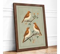 Three Birds on Branches Botanical Framed Wall Art Print A3 (42×29.7cm) Walnut, Wall Decor for Living Room, Bedroom, Office & Home, Ready to Hang, Art Gift