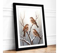 Three Birds on Branches Scandinavian Framed Wall Art Print A1 (84.1×59.4cm) Black, Wall Decor for Living Room, Bedroom, Office & Home, Ready to Hang, Art Gift