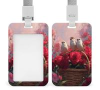 Three Birds on The Edge of Red Rose Basket ID Badge Holder Retractable Clip Card Holder Card Protector Name Badge Name Tag for Work Office Doctor Nurse