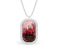 Three Birds on The Edge of Red Rose Basket Rectangle Pendant Necklace Silver Women Jewelry Alloy Keychain Tag Jewelry
