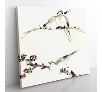 Three Birds Perched on Blossom Branches by Katsushika Hokusai Asian Japanese Canvas Wall Art Print Ready to Hang, Framed Picture for Living Room Bedroom Home Office Décor, 35x35 cm (14x14 Inch)