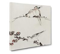 Three Birds Perched on Blossom Branches by Katsushika Hokusai Asian Japanese Canvas Wall Art Print Ready to Hang, Framed Picture for Living Room Bedroom Home Office Décor, 14x14 Inch (35x35 cm)