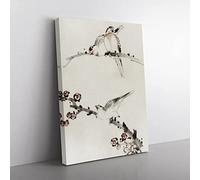 Three Birds Perched On Blossom Branches By Katsushika Hokusai Asian Japanese Canvas Wall Art Print Ready to Hang, Framed Picture for Living Room Bedroom Home Office Décor, 50x35 cm (20x14 Inch)
