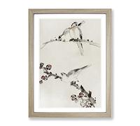 Three Birds Perched On Blossom Branches By Katsushika Hokusai Asian Japanese Framed Wall Art Print, Ready to Hang Picture for Living Room Bedroom Home Office Décor, Oak A3 (34 x 46 cm)