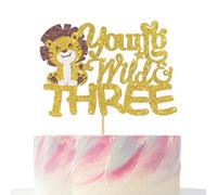 Three Birthday Cake Topper, Gold Glitter Wild Jungle Animal King Lion Happy 3rd Birthday Party Decorations Supplies