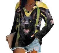 Three Black German Shepherd Dogs Casual Long Sleeve Shirts for Women V Neck Lightweight Loose Tee Thin Basic Tops S