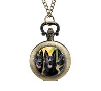 Three Black German Shepherd Dogs Vintage Pocket Watches Roman Numerals Quaretz Watch with Chain Christmas Birthday Gifts Coppery-Style