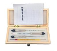 Three branch Baijiu meter set with thermometer and wooden box for measuring content with temperature concentration chart