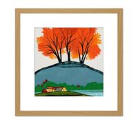 Three Bright Orange Autumn Trees on Countryside Hill Over Cabin Modern Abstract Painting Square Wooden Framed Wall Art Print Picture 8X8 Inch Artery8 Light Oak One Size