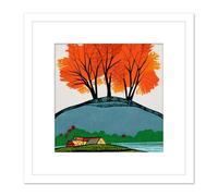 Three Bright Orange Autumn Trees on Countryside Hill Over Cabin Modern Abstract Painting Square Wooden Framed Wall Art Print Picture 8X8 Inch Artery8 White One Size