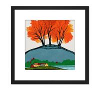 Three Bright Orange Autumn Trees on Countryside Hill Over Cabin Modern Abstract Painting Square Wooden Framed Wall Art Print Picture 8X8 Inch Artery8 Black One Size