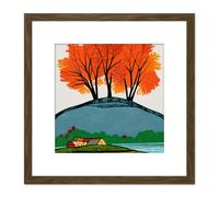 Three Bright Orange Autumn Trees on Countryside Hill Over Cabin Modern Abstract Painting Square Wooden Framed Wall Art Print Picture 8X8 Inch Artery8 Brown One Size