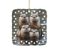 Three Brown Otters Ceramic Christmas Ornament Xmas Tree Hanging Pendant Double Sided Pattern Festive Square Ornament Holiday Home Party Decoration Gifts