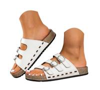 Three Buckle Cork Slide Sandals for Women's Cutout Strap Flat Slides Adjustable Boho Beach Shoes Non Slip Casual Summer Sandals for Vacation Walking Daily Wear