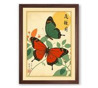 Three Butterflies Among Leaves Japandi Framed Wall Art Print A2 (59.4×42cm) Walnut, Wall Decor for Living Room, Bedroom, Office & Home, Ready to Hang, Art Gift
