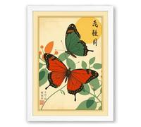 Three Butterflies Among Leaves Japandi Framed Wall Art Print A3 (42×29.7cm) White, Wall Decor for Living Room, Bedroom, Office & Home, Ready to Hang, Art Gift
