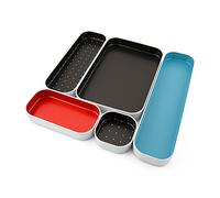 Three by Three Seattle 5 Piece Metal Organizer Tray Set for Storing Makeup, Stationery, Utensils, and More in Office Desk, Kitchen and Bathroom Drawers (1 Inch, Blue Black Red and Dots)