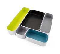 Three by Three Seattle 5 Piece Metal Organizer Tray Set for Storing Makeup, Stationery, Utensils, and More in Office Desk, Kitchen and Bathroom Drawers (2 Inch, Assorted Colors, Stripes)