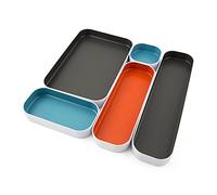 Three by Three Seattle 5 Piece Metal Organizer Tray Set for Storing Makeup, Stationery, Utensils, and More in Office Desk, Kitchen and Bathroom Drawers (1 Inch, Gray, Sky Blue, Orange)