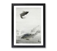 Three Carp Fish By Ohara Koson Asian Japanese Framed Print | A4 Black Framed Wall Art | Ready to Hang | Asian Animal Picture | Living Room Bedroom Lounge Office