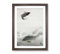 Three Carp Fish By Ohara Koson Asian Japanese Framed Print | A4 Walnut Framed Wall Art | Ready to Hang | Asian Animal Picture | Living Room Bedroom Lounge Office