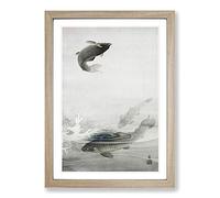 Three Carp Fish by Ohara Koson Framed Print | A2 Oak Framed Wall Art | Ready to Hang | Modern Animal Picture | Living Room Bedroom Lounge Office