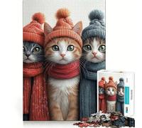Three Cats in Winter Hats 1000 Piece Jigsaw Puzzles for Adults Jigsaw Memory Lift Slow Enjoy Image Assembly Creative Gift (38x26cm)