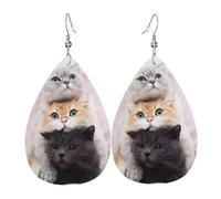 Three Cats Piercing Teardrop Earrings Set Trendy Faux Leather For Women Girls Birthday Xmas Jewelry Gift