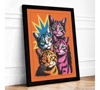 Three Cats Pop Art Framed Wall Art Print A4 (29.7×21cm) Black, Wall Decor for Living Room, Bedroom, Office & Home, Ready to Hang, Art Gift