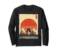 Three Cats Ramen Funny Aesthetic Japanese Ukiyo-e Anime Cat Long Sleeve T-Shirt