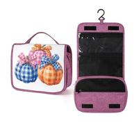 Three Checkered Pumpkins with Bows Travel Toiletry Bag for Women,Hanging Makeup Organizer with Hook for Shampoo