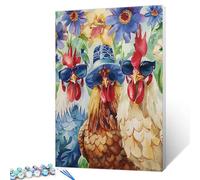 Three Chickens Wearing Sunglasses and Hats Flowers Paint by Number for Adults Beginner Rustic Chickens DIY Digital Drawing Funny Farm Animals Picture for Home Wall Decor Gift 16x20 inch (Frameless)