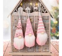 Three Christmas gnome figurines knitted design set, designed for hanging on Christmas trees or mantels to add seasonal charm and festive (Pink)