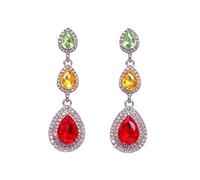 Three Color Teardrop Crystal Drop Earrings for Woman, Silver Multi Layer Pave Design with Pink Accents, Sparkly Formal Style for Party Evening Gift for Her