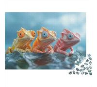 Three Colorful Chameleons on A Leaf Adult Jigsaw Puzzle, 1000 Pieces, 52x38cm/1000pcs; for Calm Concentration at Home; White Card Pieces for A Neat Table