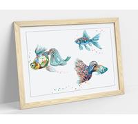 three colorful fish WATERCOLOUR Stunning Framed Wall Art Print Picture - A4 - Light Oak Frame
