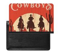 Three Cowboys Riding a Horse Moon Cacti on a Red Wooden Sign Women's Passport Protector, Men's Passport Protector, PU Travel Passport Protector for Women Men Worker 5.8 x 3.9 x 0.4 inch