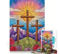 Three Crosses Stained Glass Illustration Jigsaw Puzzles for Teenagers 1000 Piece Raise Memory Leisure Time Clean Edge Lovely Present (38x26cm)