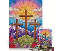Three Crosses Stained Glass Illustration Jigsaw Puzzles for Teenagers 1000 Piece Raise Memory Leisure Time Clean Edge Lovely Present (38x26cm)