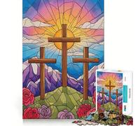 Three Crosses Stained Glass Illustration Teenagers 1000 Piece Jigsaw Puzzle Memory Gain Light Relax Design Assembly Wall Art Decor (38x52cm)