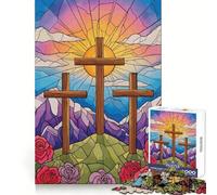 Three Crosses Stained Glass Illustration Teenagers 1000 Piece Jigsaw Puzzle Memory Gain Light Relax Design Assembly Wall Art Decor (38x52cm)